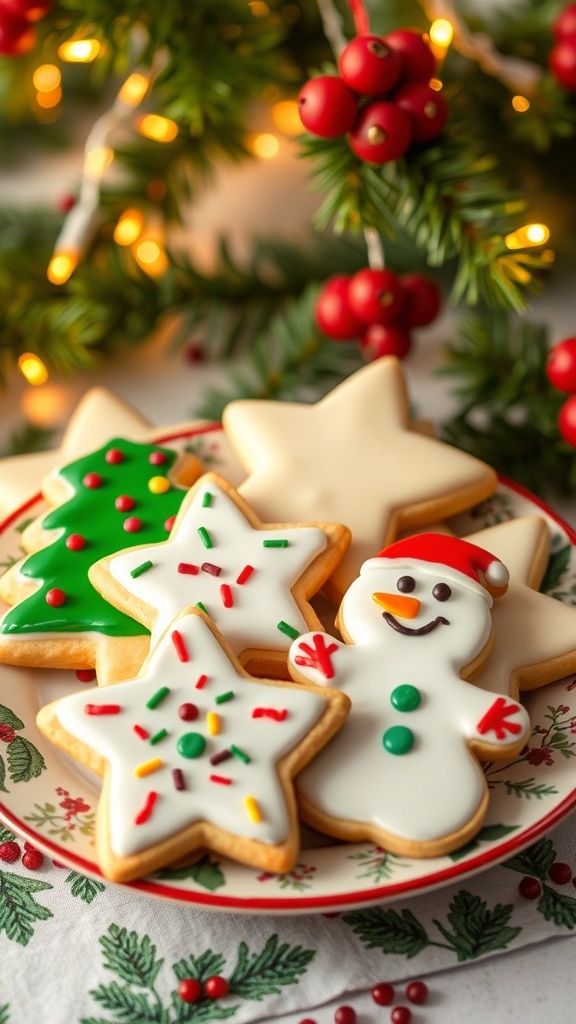 A variety of decorated Christmas cookies in festive shapes on a plate with holiday decorations.
